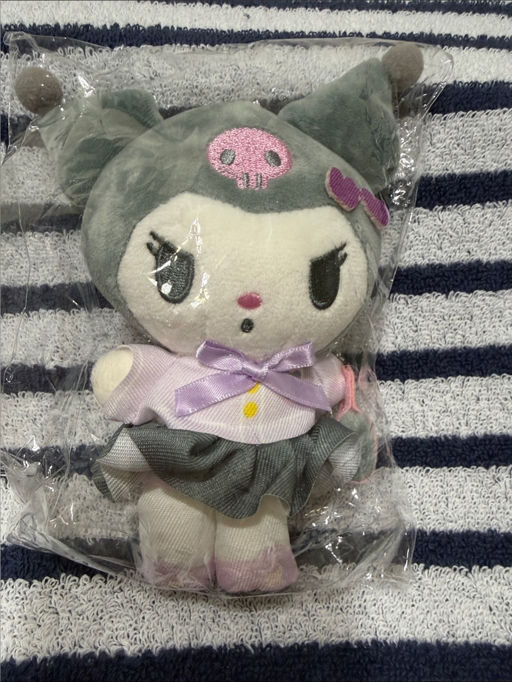 Sanrio Gray Plush Cat Keychain with Pink and Green Outfit